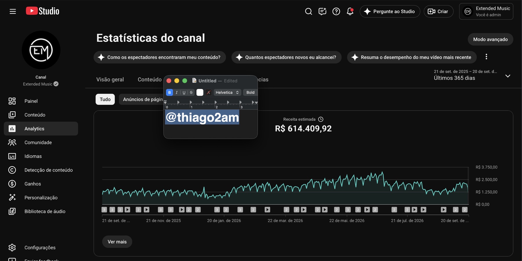 YouTube Studio do canal Extended Music: receita estimada de R$ 614.409,92 nos últimos 365 dias